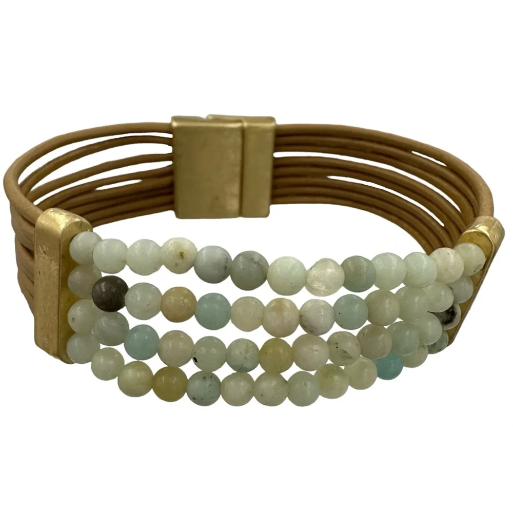 Amazonite Stone & Brown Leather Cord Strap Bracelet